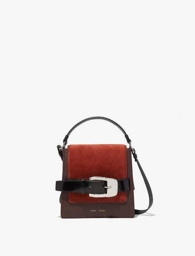 Front image of Buckle Trapeze Bag in Grainy Calf and Suede in Russet