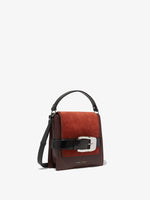 Side image of Buckle Trapeze Bag in Grainy Calf and Suede in Russet