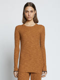 Front cropped image of model wearing Fine Gauge Rib Knit Top in CHESTNUT/BLACK