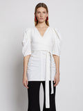 Front cropped image of model wearing Linen Viscose Shirred Sleeve Top in OFF WHITE