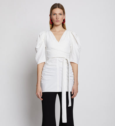 Front cropped image of model wearing Linen Viscose Shirred Sleeve Top in OFF WHITE