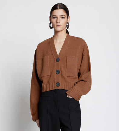 Front cropped image of model wearing Eco Cashmere Cardigan in SADDLE