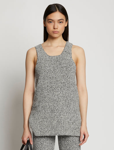 Cropped front image of model wearing Melange Boucle Knit Tank in black/white multi