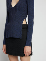 Detail image of model wearing Melange Rib V-Neck Top in BLUE/BLACK