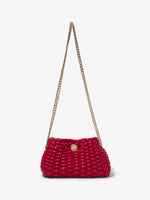 Front image of Small Woven Leather Chain Tobo Bag in BORDEAUX with strap extended