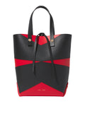 Front image of Pieced North South Tobo Tote in bright red/black