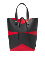 Front image of Pieced North South Tobo Tote in bright red/black