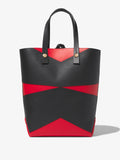 Back image of Pieced North South Tobo Tote in bright red/black