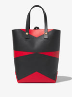 Back image of Pieced North South Tobo Tote in bright red/black