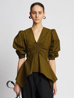 Front cropped image of model wearing Plaid Poplin Puff Sleeve Top in OLIVE/BLACK