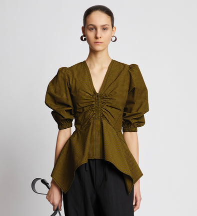 Front cropped image of model wearing Plaid Poplin Puff Sleeve Top in OLIVE/BLACK