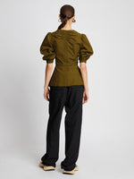 Back full length image of model wearing Plaid Poplin Puff Sleeve Top in OLIVE/BLACK