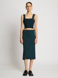 Front full length image of model wearing Melange Knit Midi Skirt in BLACK/DUSTY BLUE