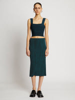 Front full length image of model wearing Melange Knit Midi Skirt in BLACK/DUSTY BLUE