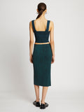 Back full length image of model wearing Melange Knit Midi Skirt in BLACK/DUSTY BLUE