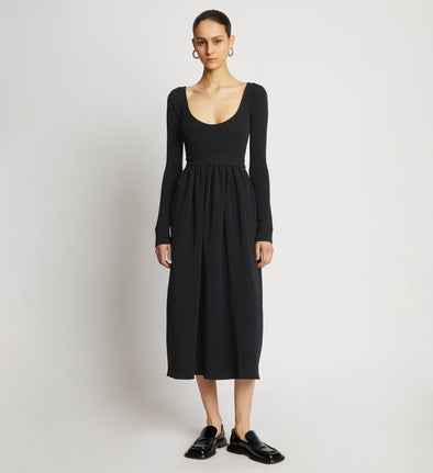 Front full length image of model wearing Rib Knit Long Sleeve Dress in BLACK