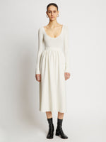 Front full length image of model wearing Rib Knit Long Sleeve Dress in OFF WHITE