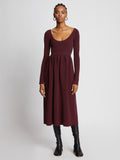 Front full length image of model wearing Rib Knit Long Sleeve Dress in PLUM