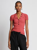 Front cropped image of model wearing Rib Knit Polo Top in ROSE