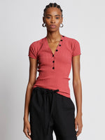 Front cropped image of model wearing Rib Knit Polo Top in ROSE