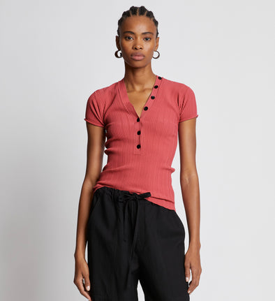 Front cropped image of model wearing Rib Knit Polo Top in ROSE