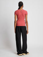 Back full length image of model wearing Rib Knit Polo Top in ROSE