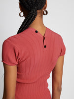 Detail image of model wearing Rib Knit Polo Top in ROSE