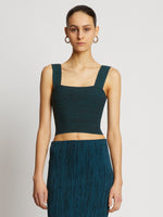 Front cropped image of model wearing Knit Bustier Top in BLACK/DUSTY BLUE