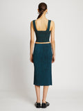 Back full length image of model wearing Knit Bustier Top in BLACK/DUSTY BLUE