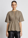 Front cropped image of model wearing Poplin Drawstring Blouse in TAUPE