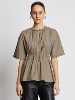 Front cropped image of model wearing Poplin Drawstring Blouse in TAUPE