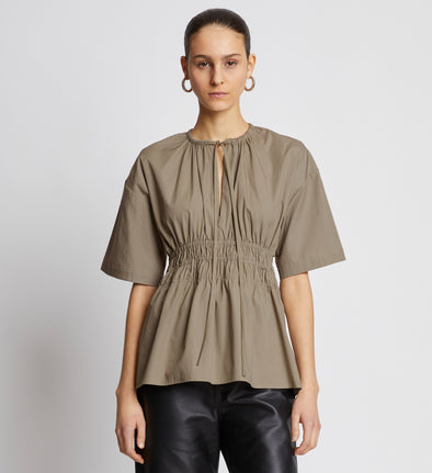 Front cropped image of model wearing Poplin Drawstring Blouse in TAUPE