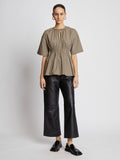 Front full length image of model wearing Poplin Drawstring Blouse in TAUPE