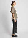 Side full length image of model wearing Poplin Drawstring Blouse in TAUPE