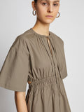 Detail image of model wearing Poplin Drawstring Blouse in TAUPE