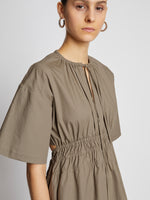 Detail image of model wearing Poplin Drawstring Blouse in TAUPE