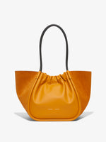 Front image of Large Suede Ruched Tote in BRONZE