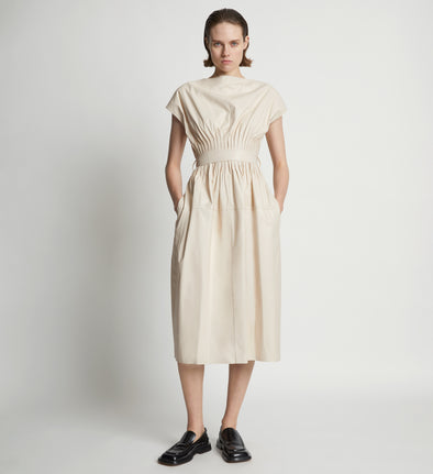 Front full length image of model wearing Leather Pintuck Dress in BLUSH