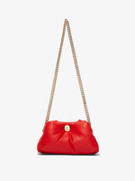 Front image of Small Puffy Chain Tobo Bag in SCARLET with strap extended