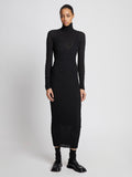 Front full length image of model wearing Shibori Turtleneck Dress in BLACK