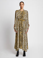 Front full length image of model wearing Printed Leopard Crepe Belted Dress in BUTTER MULTI