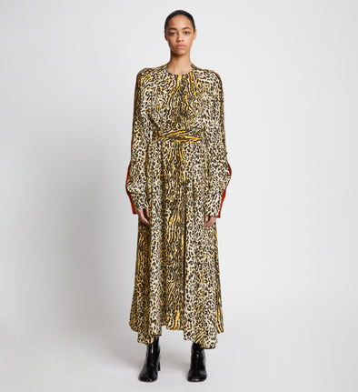 Front full length image of model wearing Printed Leopard Crepe Belted Dress in BUTTER MULTI