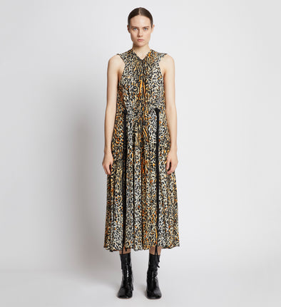 Front full length image of model wearing Printed Leopard Sleeveless Dress in BUTTER MULTI