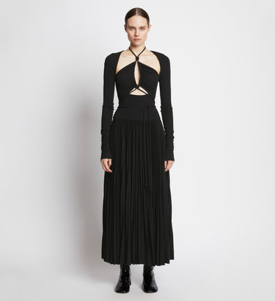 Front full length image of model wearing Pleated Matte Jersey Halter Dress in BLACK