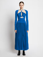 Front full length image of model wearing Pleated Matte Jersey Halter Dress in BLUE