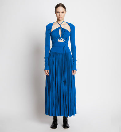 Front full length image of model wearing Pleated Matte Jersey Halter Dress in BLUE