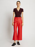 Front full length image of model wearing Leather Culottes in RED