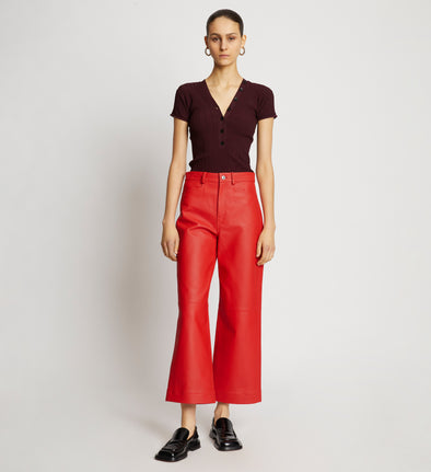 Front full length image of model wearing Leather Culottes in RED