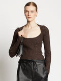 Front cropped image of model wearing Plaited Rib Scoop Neck Sweater in BLACK/DARK BROWN