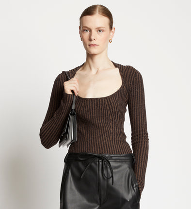 Front cropped image of model wearing Plaited Rib Scoop Neck Sweater in BLACK/DARK BROWN